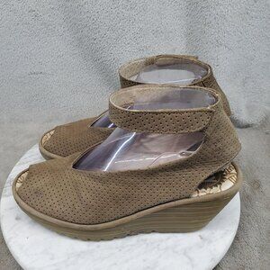 Fly London Shoes Womens Size EU38 US 7.5 Yala Beige Leather Wedge Sandals *Read*